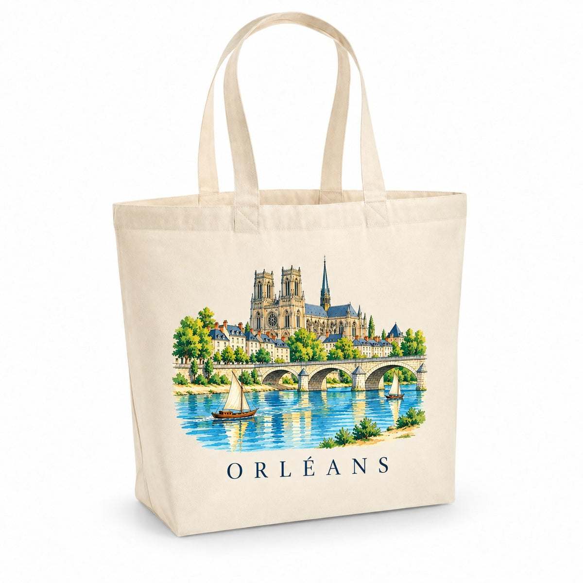 Tote bag Orléans Premium, cabas à soufflet en coton naturel 200 g/m² de 18 litres, illustration aquarelle de la cathédrale Sainte-Croix, de la Loire et de son pont