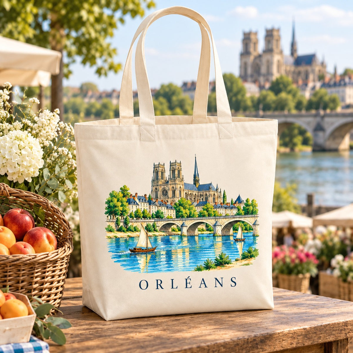 Tote bag Orléans Premium posé sur un étal de marché avec des pommes et des fleurs