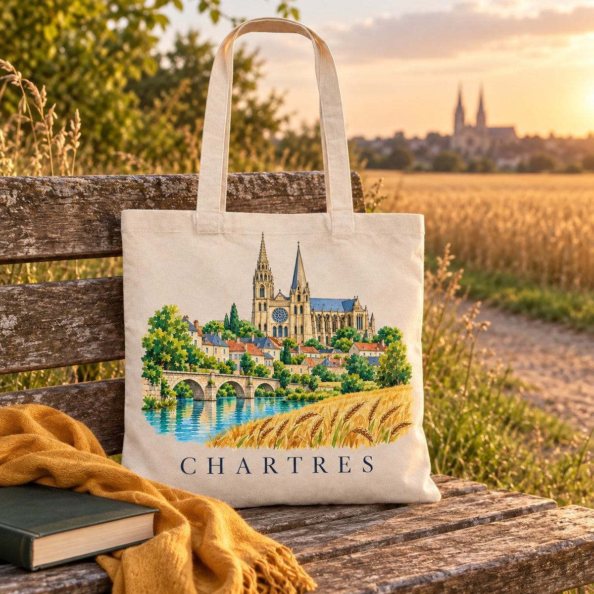 Tote bag Chartres Essentiel posé sur un banc au bord d'un champ de blé au coucher du soleil