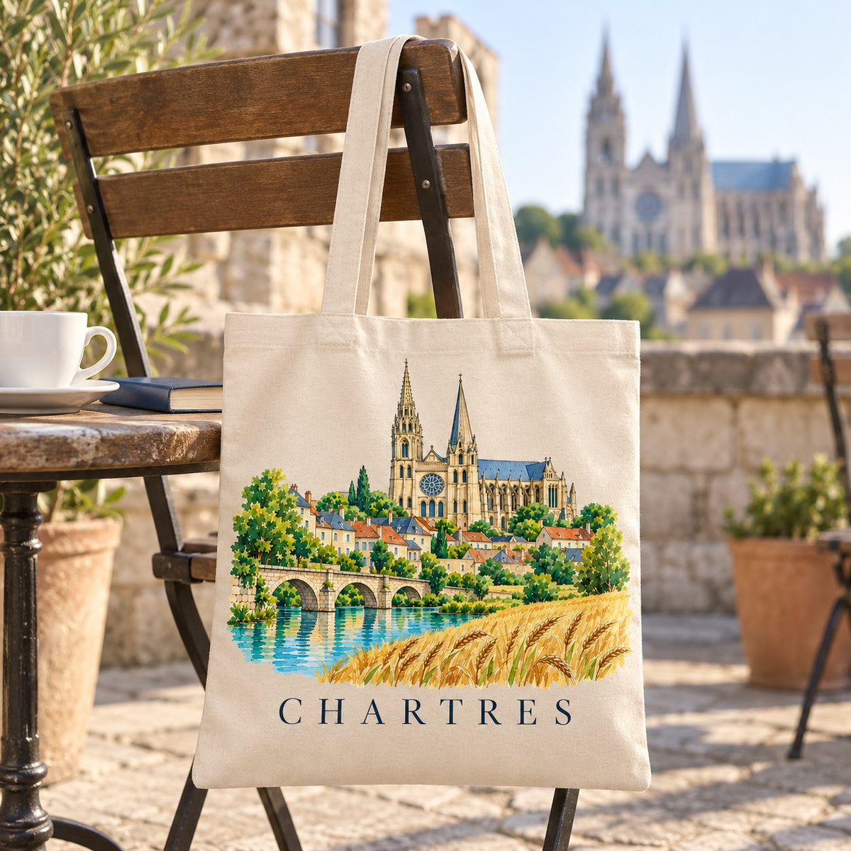 Tote bag Chartres Essentiel suspendu à une chaise en terrasse face à la cathédrale, avec un café