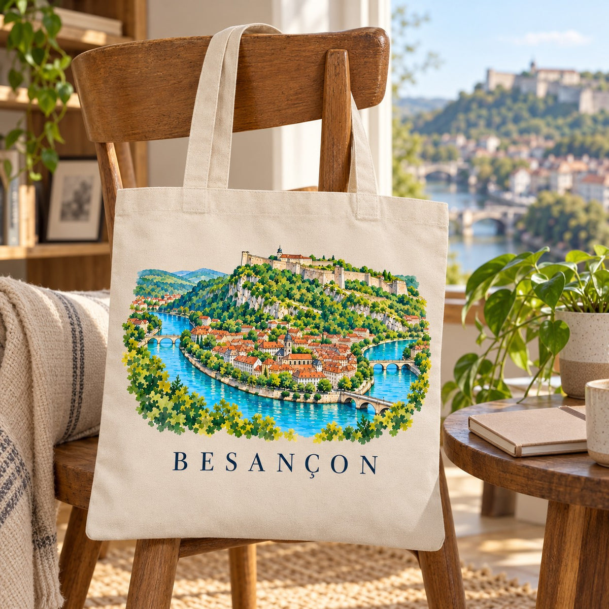 Tote bag Besançon Essentiel posé sur une chaise près d'une fenêtre, avec un livre