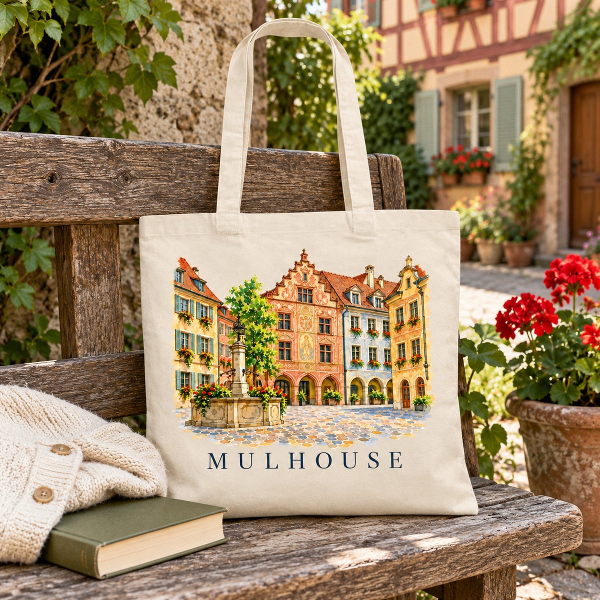 Tote bag Mulhouse Essentiel posé sur un banc fleuri, avec un livre et un pull