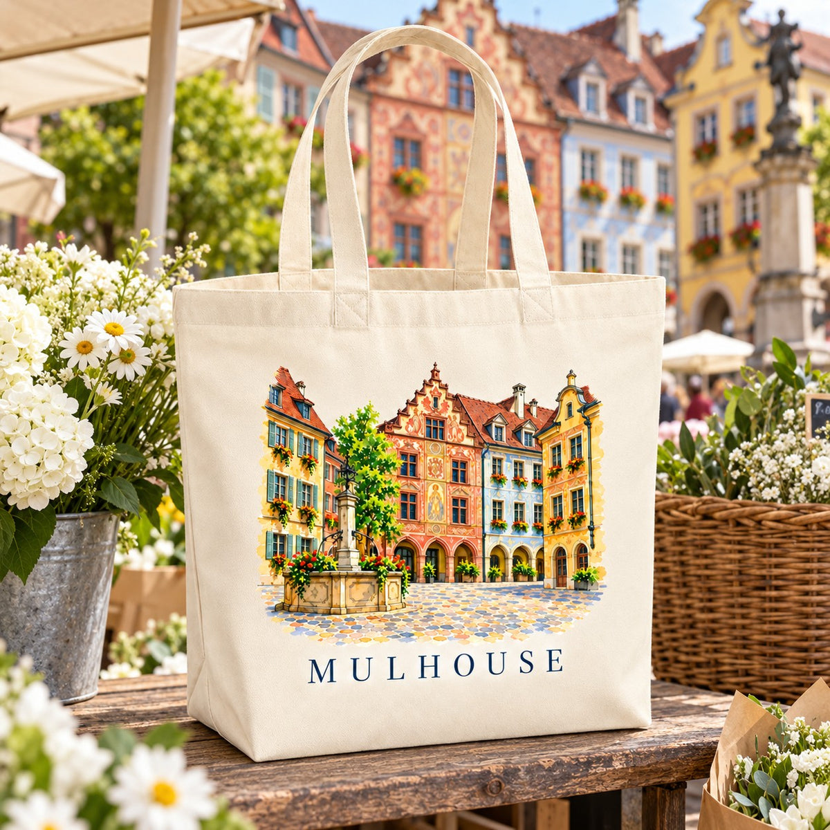 Tote bag Mulhouse Premium posé sur un étal fleuri face aux façades colorées