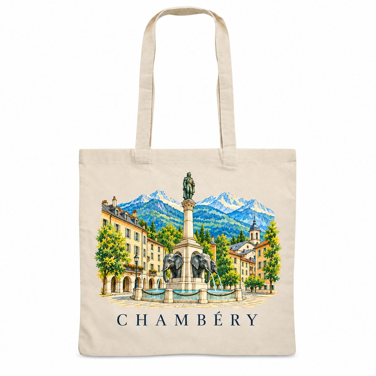 Tote bag Chambéry Essentiel, sac plat en coton naturel 140 g/m² de 38 × 42 cm, illustration aquarelle de la fontaine des Éléphants et des montagnes