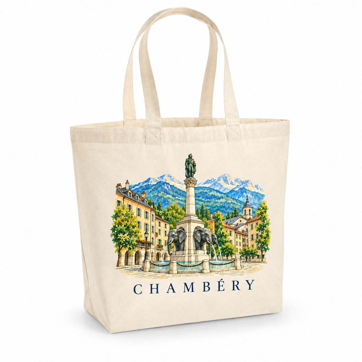 Tote bag Chambéry Premium, cabas à soufflet en coton naturel 200 g/m² de 18 litres, illustration aquarelle de la fontaine des Éléphants et des montagnes