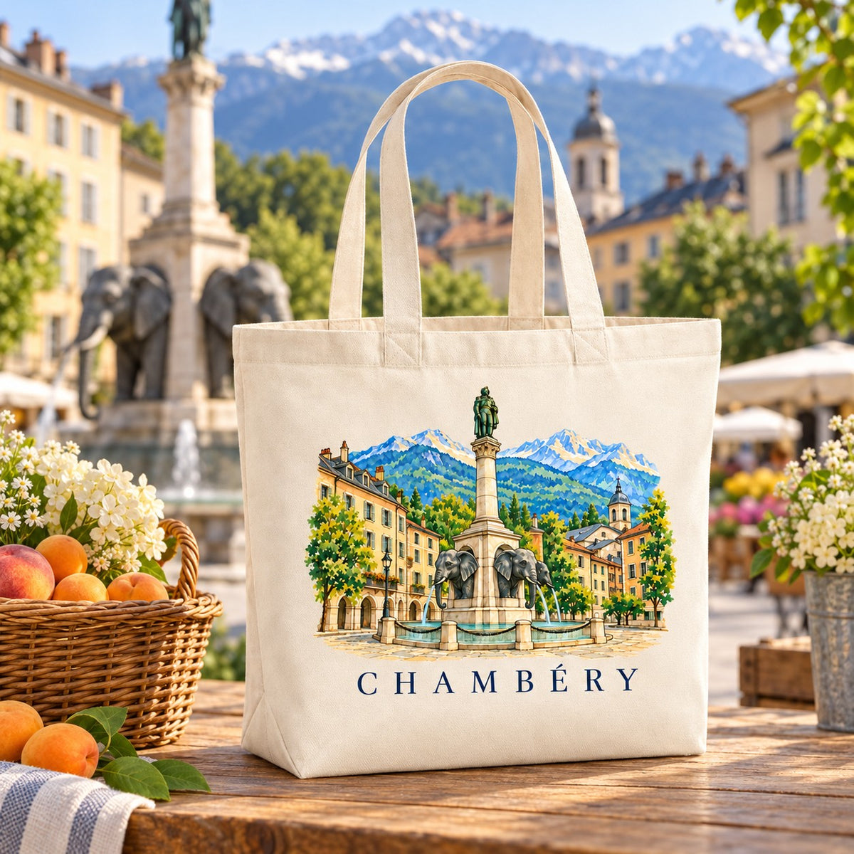 Tote bag Chambéry Premium posé sur un étal de marché avec des abricots et des fleurs