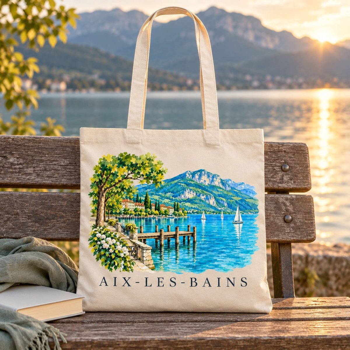 Tote bag Aix-les-Bains Essentiel posé sur un banc face au lac au coucher du soleil, avec un livre