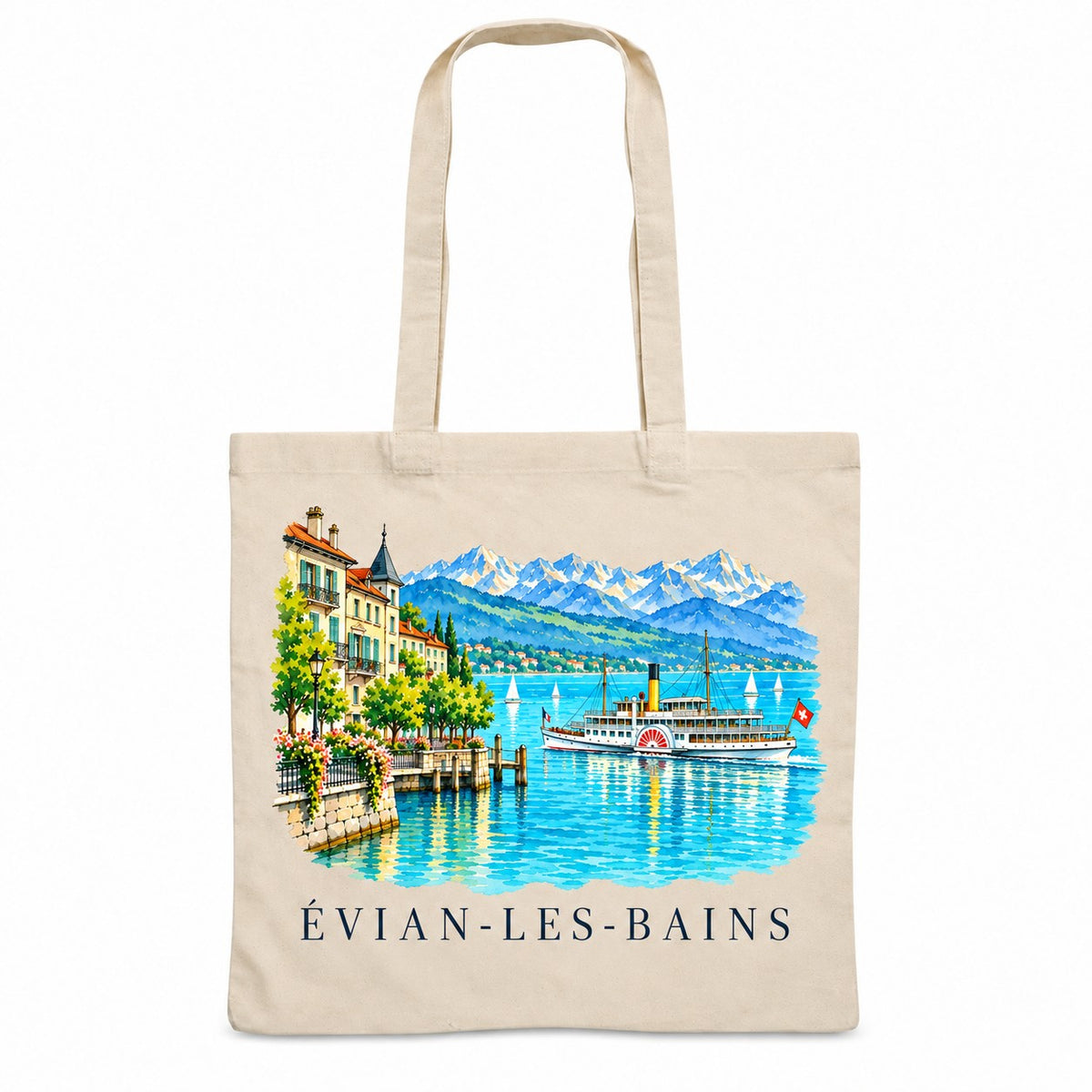 Tote bag Évian-les-Bains Essentiel, sac plat en coton naturel 140 g/m² de 38 × 42 cm, illustration aquarelle du lac Léman, d'un bateau à roues à aubes et des montagnes