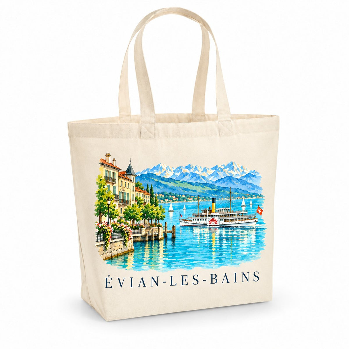 Tote bag Évian-les-Bains Premium, cabas à soufflet en coton naturel 200 g/m² de 18 litres, illustration aquarelle du lac Léman, d'un bateau à roues à aubes et des montagnes