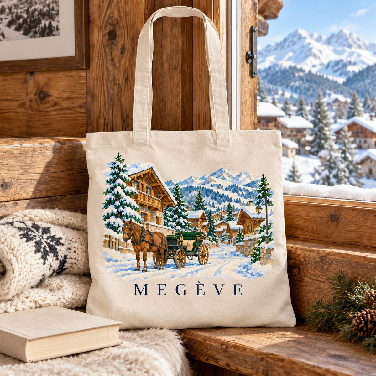 Tote bag Megève Essentiel posé sur une chaise près d'une fenêtre donnant sur les montagnes