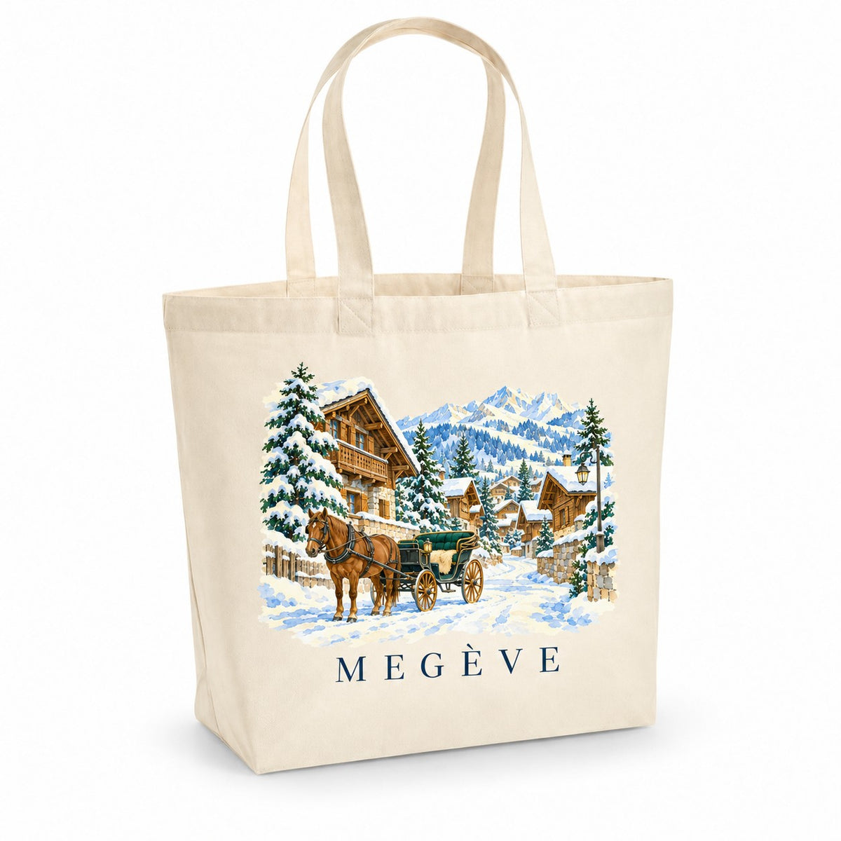 Tote bag Megève Premium, cabas à soufflet en coton naturel 200 g/m² de 18 litres, illustration aquarelle des chalets enneigés, des sapins et d'une calèche