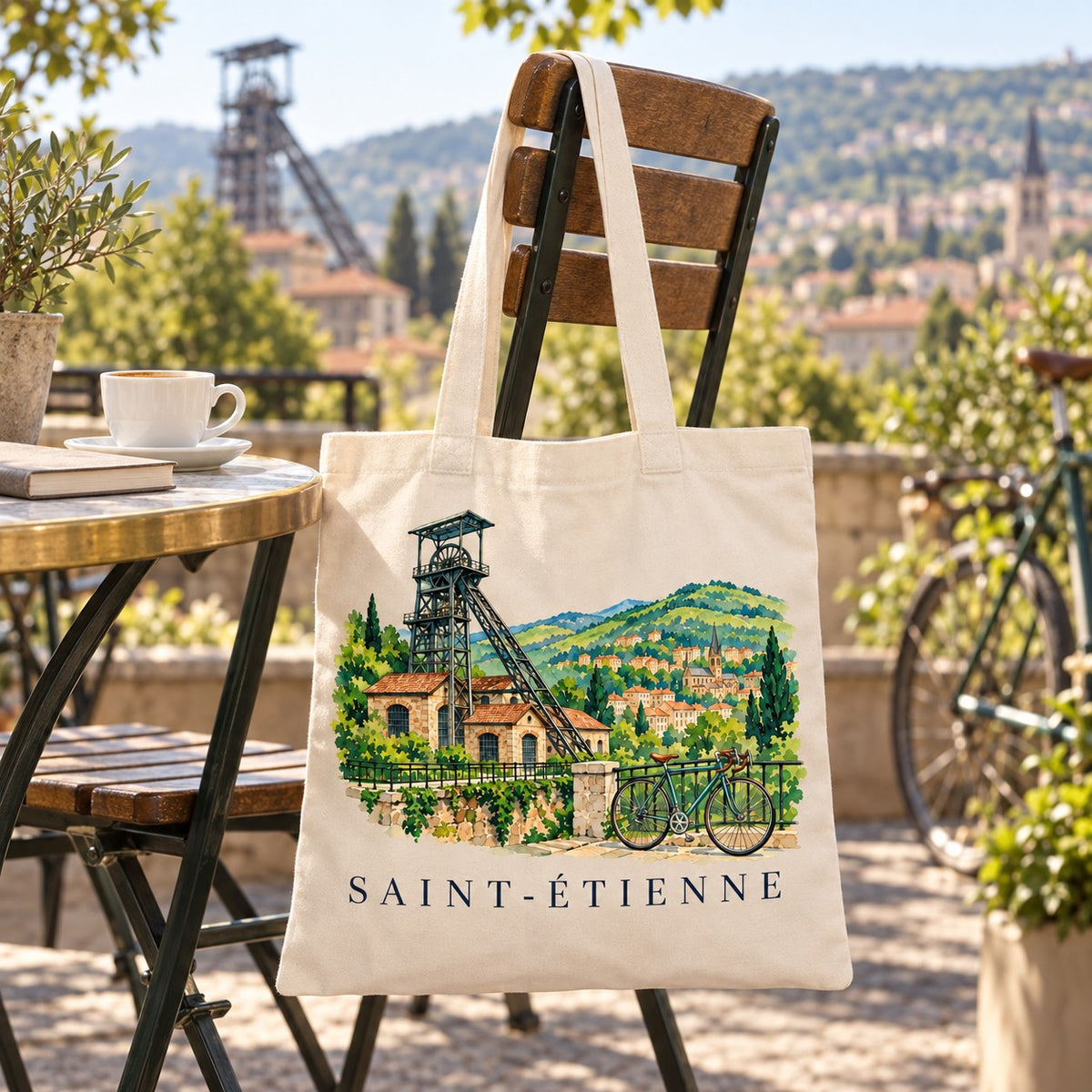 Tote bag Saint-Étienne Essentiel suspendu à une chaise en terrasse près d'un vélo, avec un café