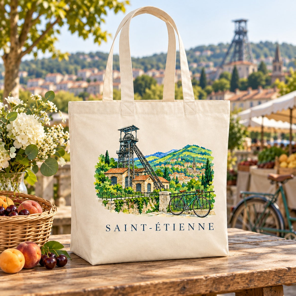 Tote bag Saint-Étienne Premium posé sur un étal de marché avec des pêches et des cerises