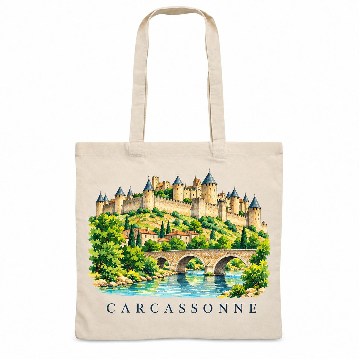Tote bag Carcassonne Essentiel, sac plat en coton naturel 140 g/m² de 38 × 42 cm, illustration aquarelle de la Cité médiévale, de ses remparts et du Pont Vieux sur l'Aude