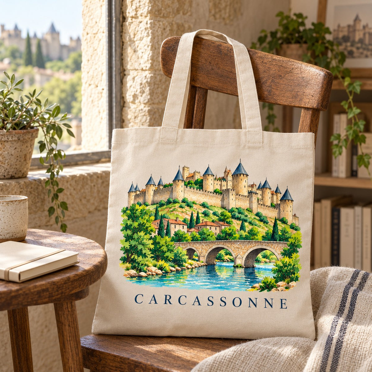 Tote bag Carcassonne Essentiel posé sur une chaise près d'une fenêtre, avec un livre et un plaid