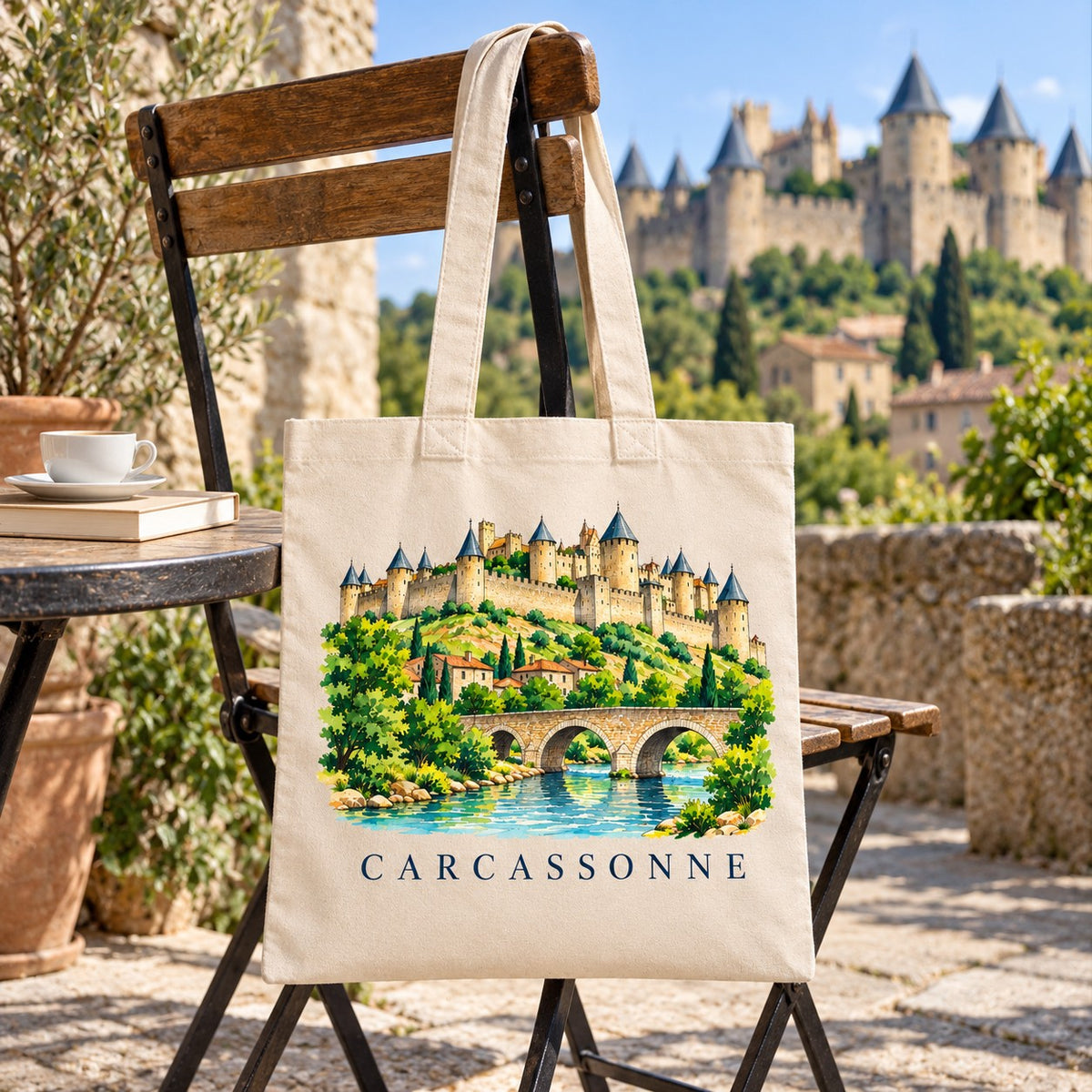 Tote bag Carcassonne Essentiel suspendu à une chaise en terrasse face aux remparts, avec un café