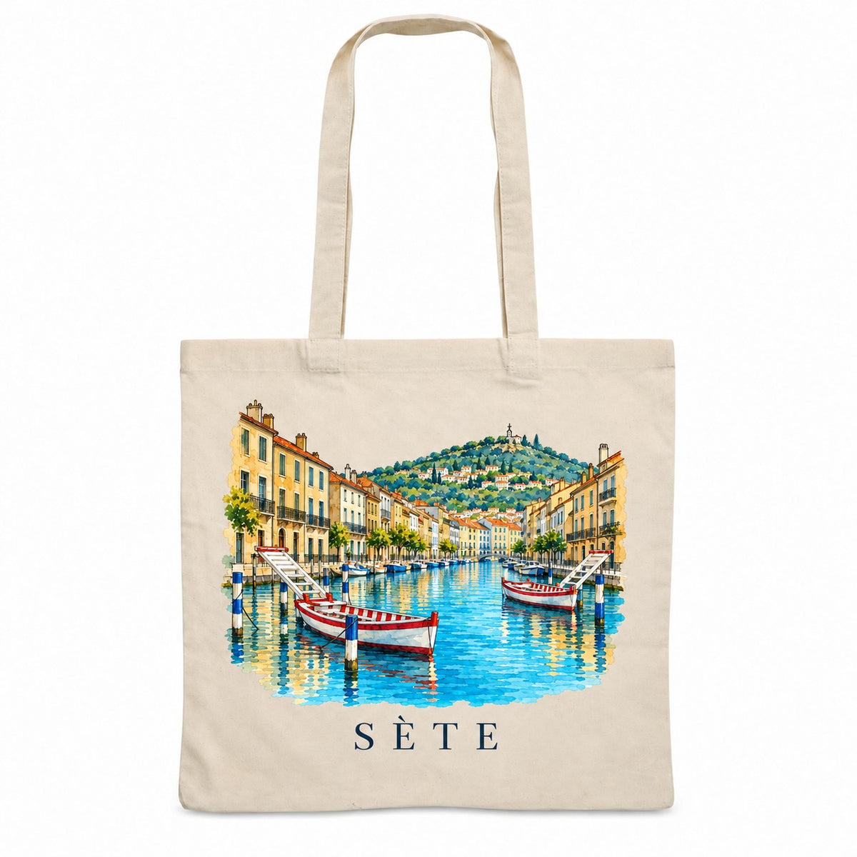 Tote bag Sète Essentiel, sac plat en coton naturel 140 g/m² de 38 × 42 cm, illustration aquarelle du canal, des barques colorées et du mont Saint-Clair