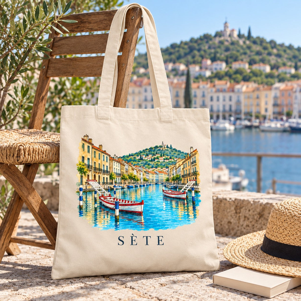 Tote bag Sète Essentiel posé sur une chaise face au port et au mont Saint-Clair, avec un chapeau de paille