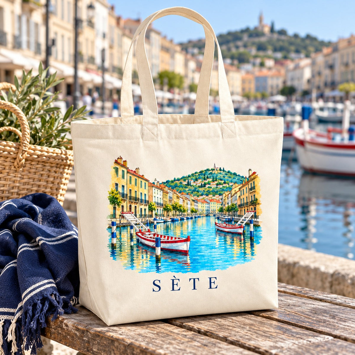 Tote bag Sète Premium posé sur un muret face au port, avec une serviette et un panier