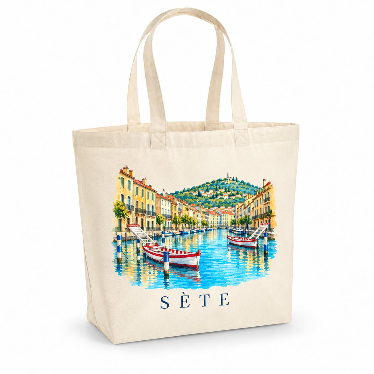 Tote bag Sète Premium, cabas à soufflet en coton naturel 200 g/m² de 18 litres, illustration aquarelle du canal, des barques colorées et du mont Saint-Clair