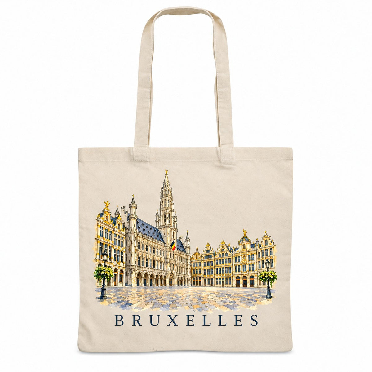 Tote bag Bruxelles Essentiel, sac plat en coton naturel 140 g/m² de 38 × 42 cm, illustration aquarelle de la Grand-Place, de l'hôtel de ville et des maisons des corporations dorées