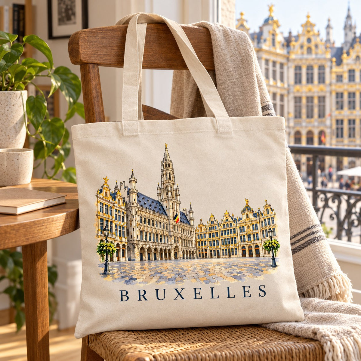 Tote bag Bruxelles Essentiel posé sur une chaise près d'une fenêtre ouverte sur la Grand-Place