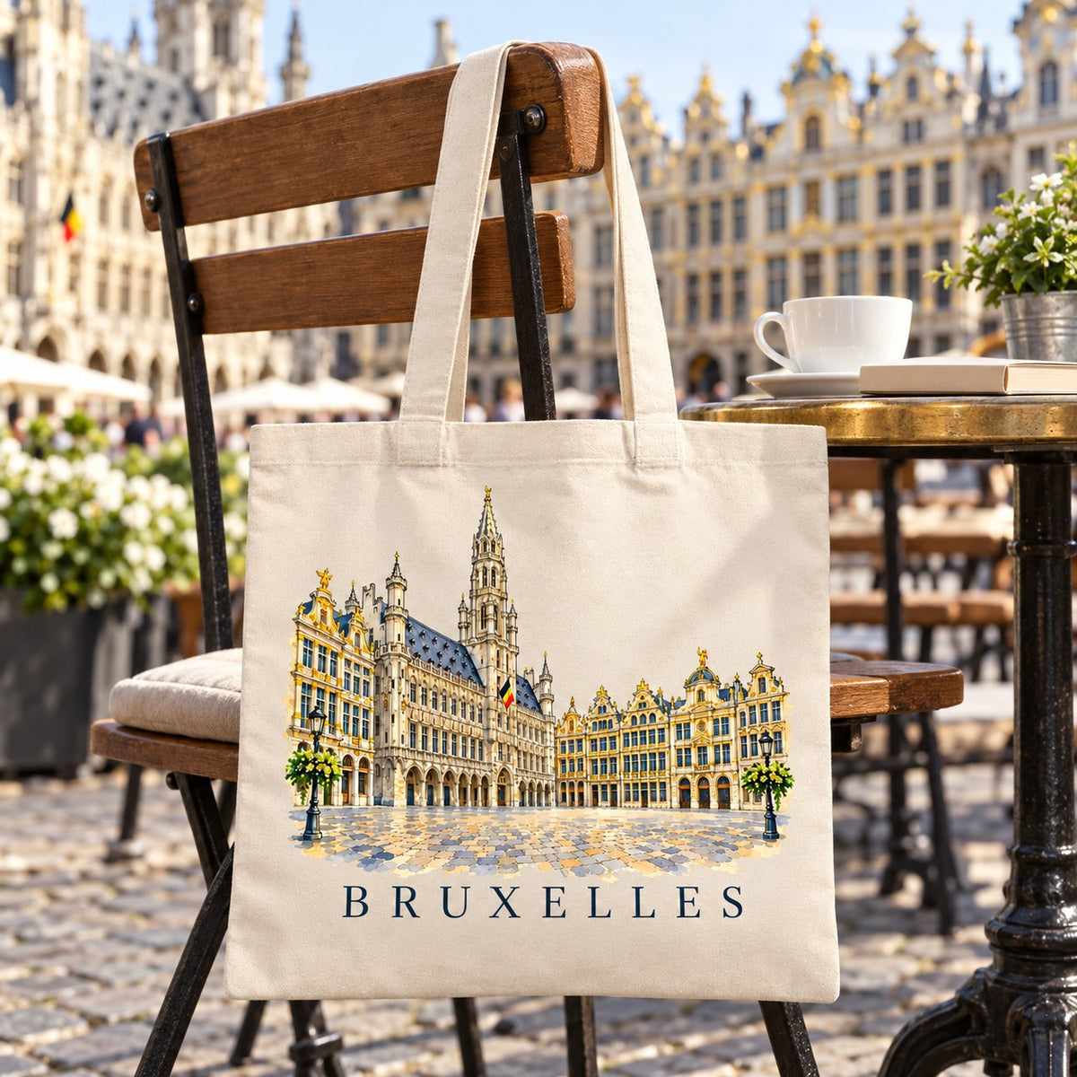 Tote bag Bruxelles Essentiel suspendu à une chaise en terrasse sur la Grand-Place, avec un café