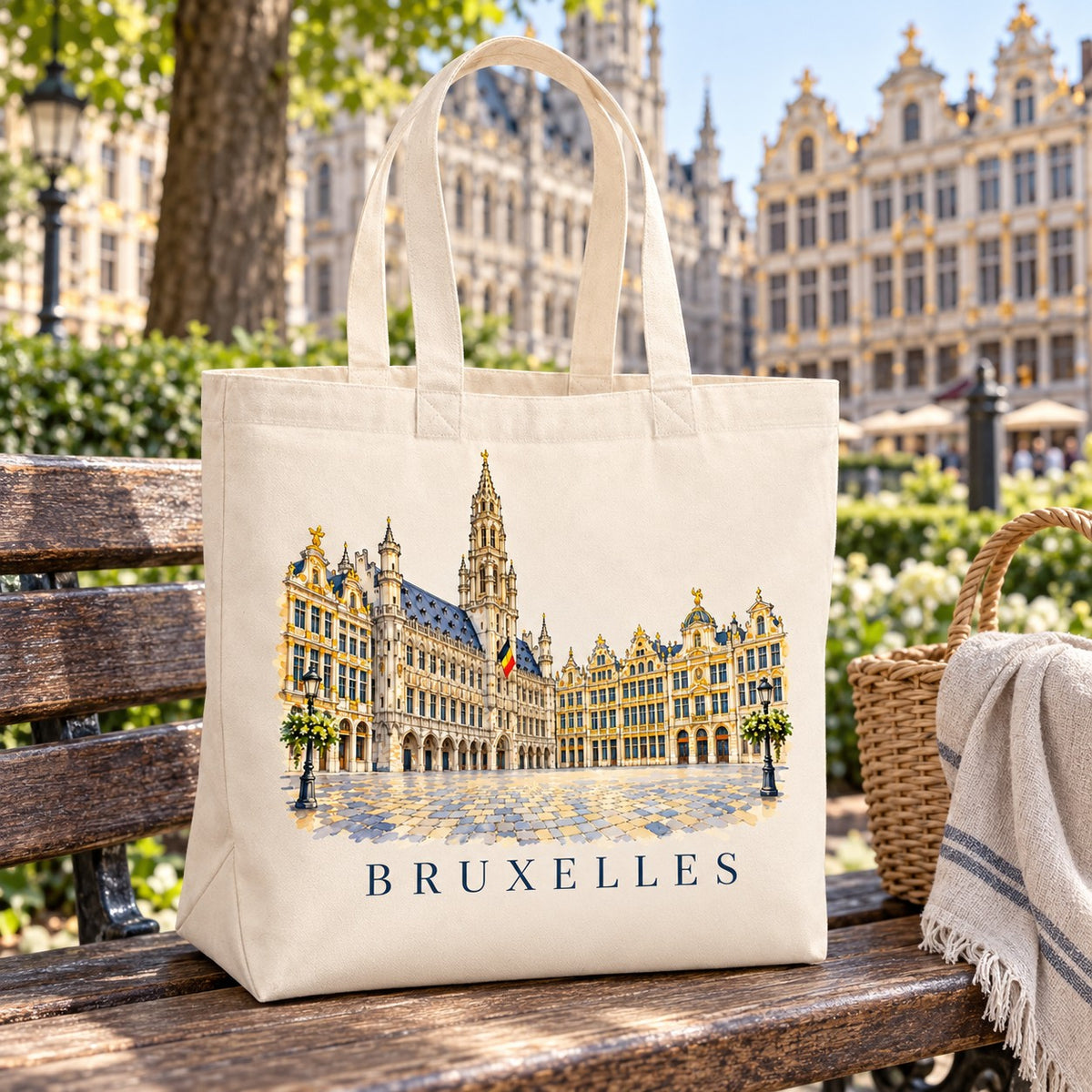 Tote bag Bruxelles Premium posé sur un banc face aux façades dorées, avec un panier et un plaid