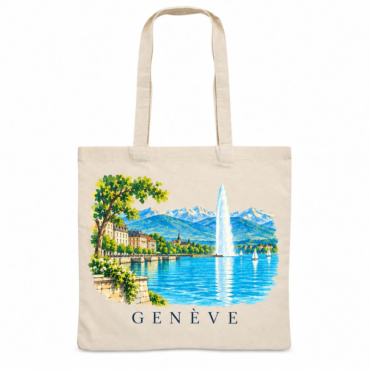 Tote bag Genève Essentiel, sac plat en coton naturel 140 g/m² de 38 × 42 cm, illustration aquarelle du jet d'eau, du lac Léman et des Alpes
