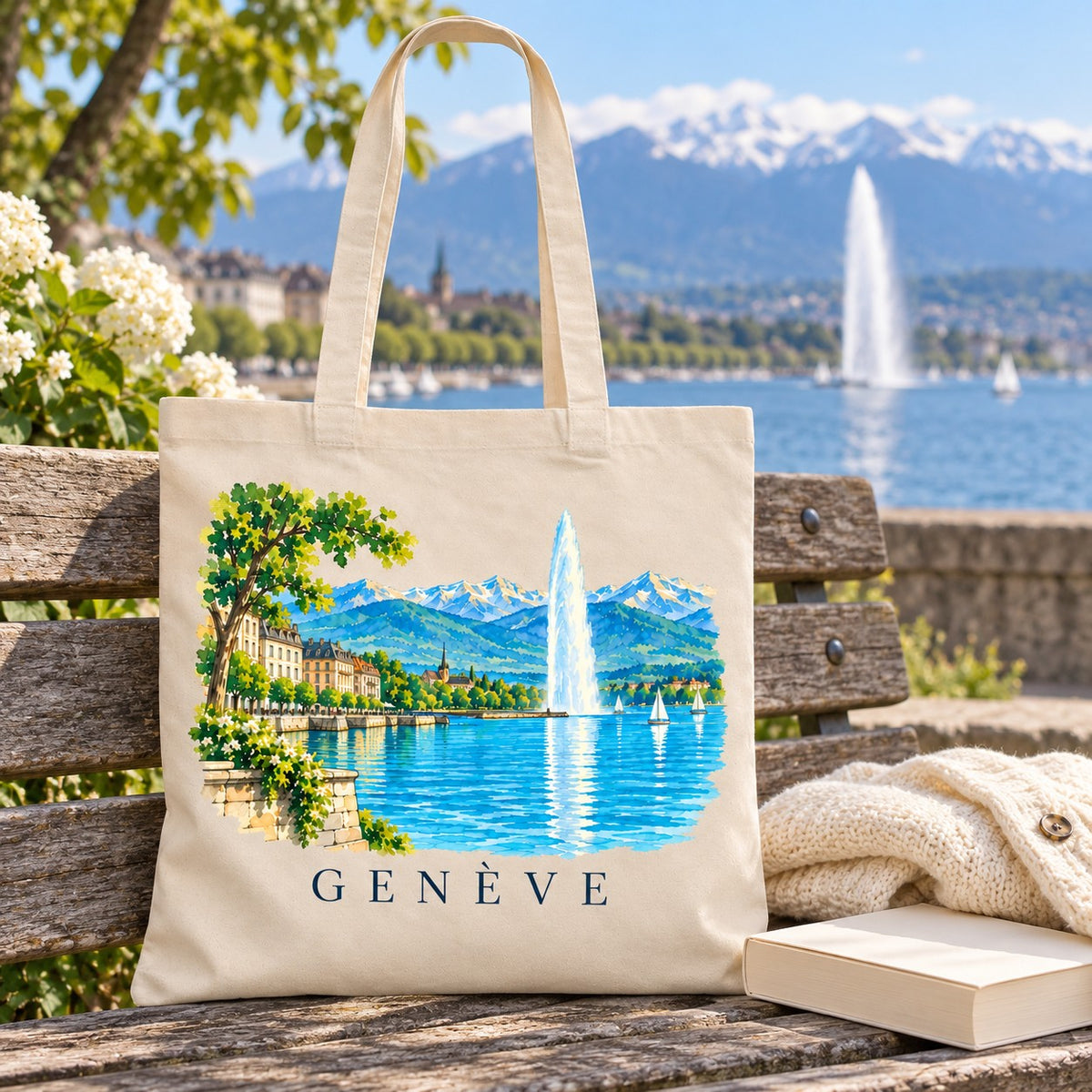 Tote bag Genève Essentiel posé sur un banc face au jet d'eau, avec un livre et un pull
