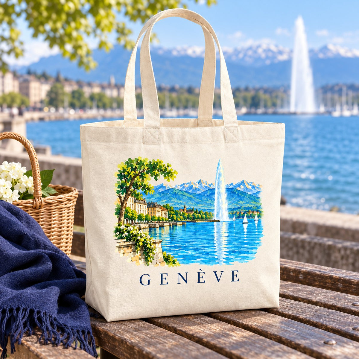 Tote bag Genève Premium posé sur un banc face au lac, avec un panier et un plaid