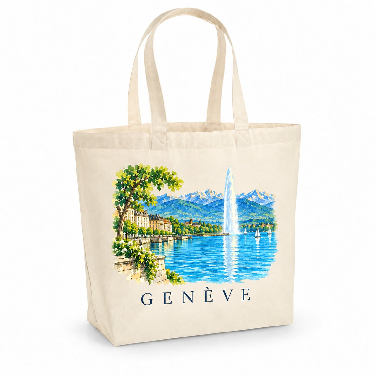 Tote bag Genève Premium, cabas à soufflet en coton naturel 200 g/m² de 18 litres, illustration aquarelle du jet d'eau, du lac Léman et des Alpes