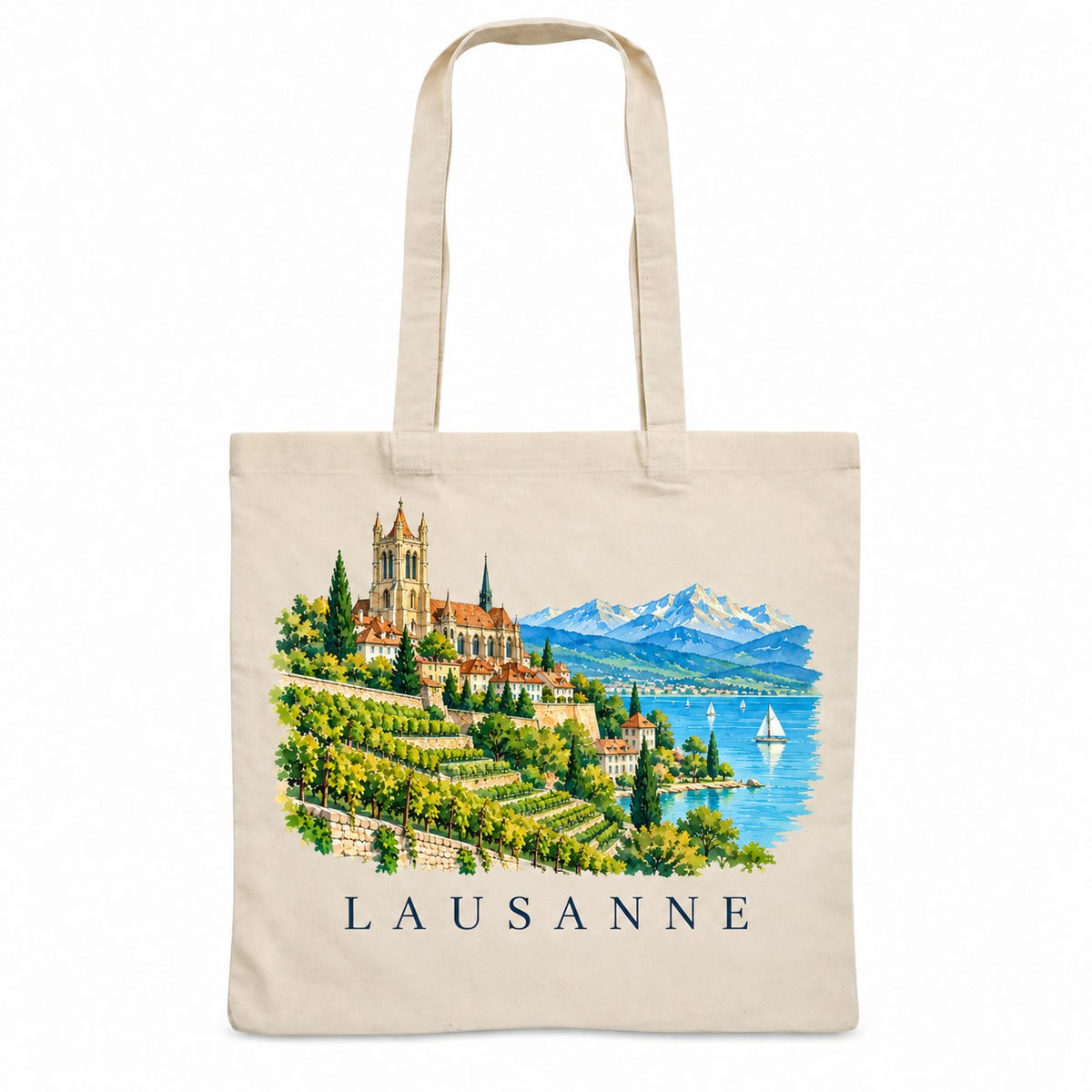 Tote bag Lausanne Essentiel, sac plat en coton naturel 140 g/m² de 38 × 42 cm, illustration aquarelle de la cathédrale, du lac Léman et des vignes en terrasses