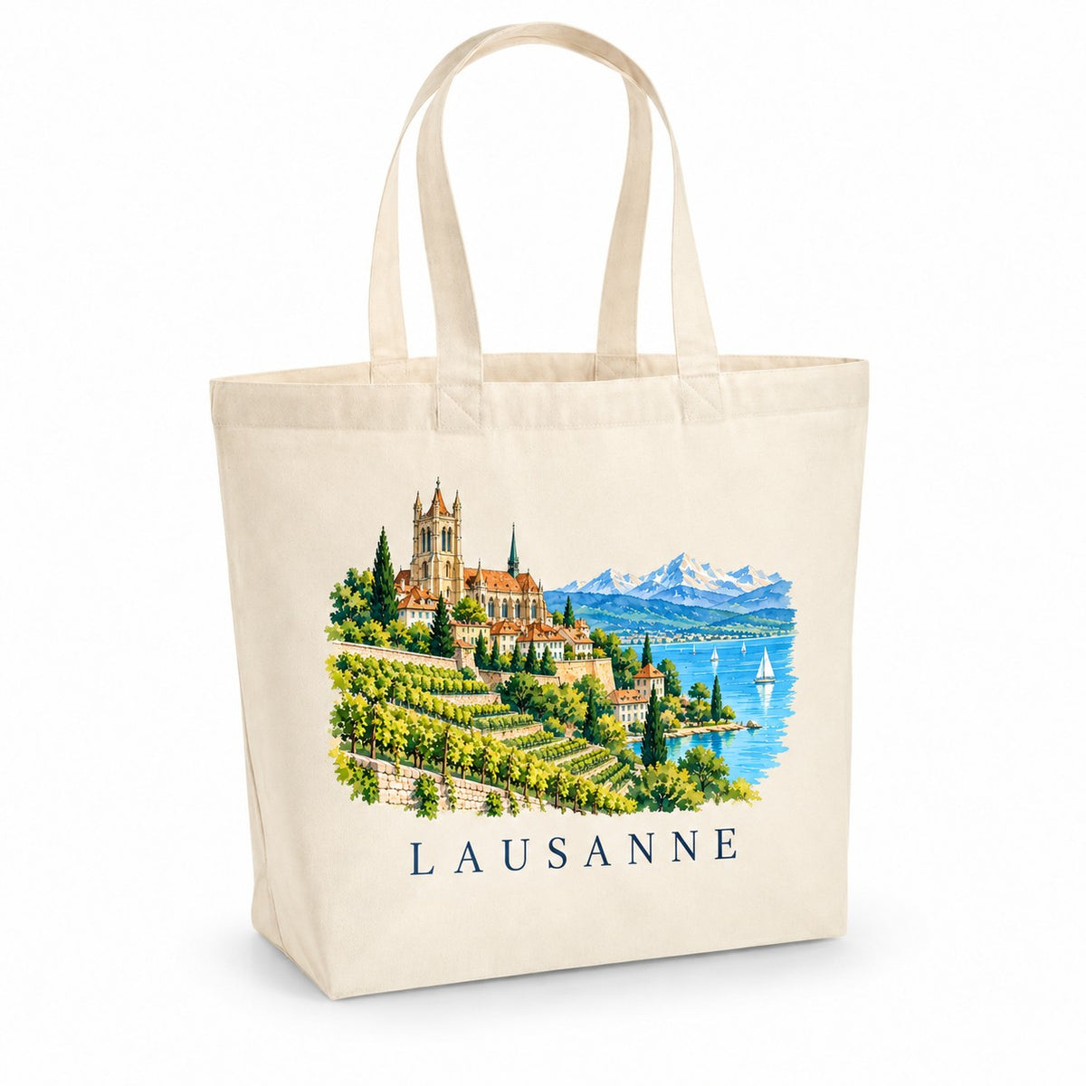 Tote bag Lausanne Premium, cabas à soufflet en coton naturel 200 g/m² de 18 litres, illustration aquarelle de la cathédrale, du lac Léman et des vignes en terrasses