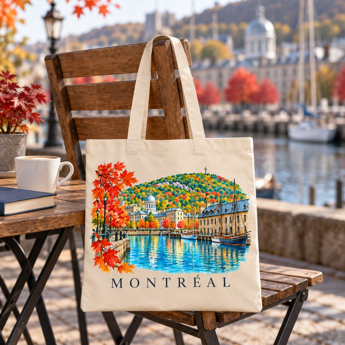 Tote bag Montréal Essentiel suspendu à une chaise en terrasse face au Vieux-Port, avec un café