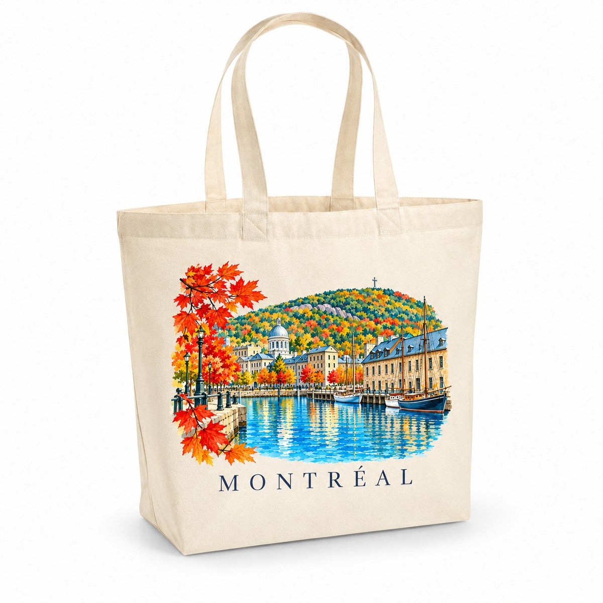 Tote bag Montréal Premium, cabas à soufflet en coton naturel 200 g/m² de 18 litres, illustration aquarelle du Vieux-Port, du mont Royal et des feuilles d'érable rouges