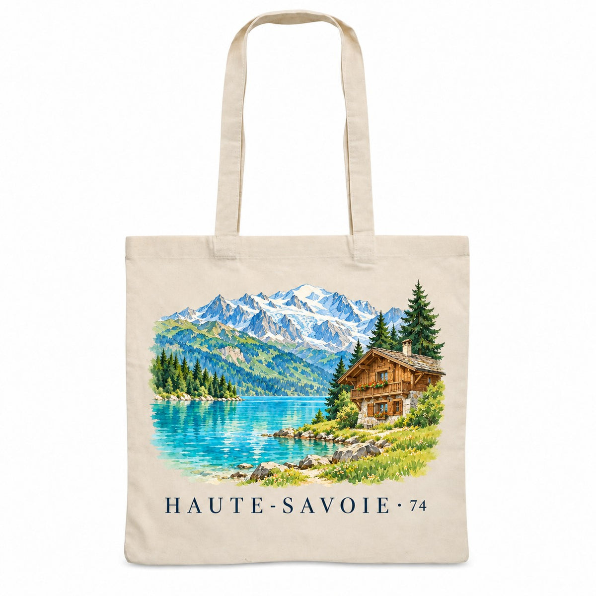 Tote bag Haute-Savoie (74) Essentiel, sac plat en coton naturel 140 g/m² de 38 × 42 cm, illustration aquarelle d'un lac turquoise, du massif du Mont-Blanc et d'un chalet
