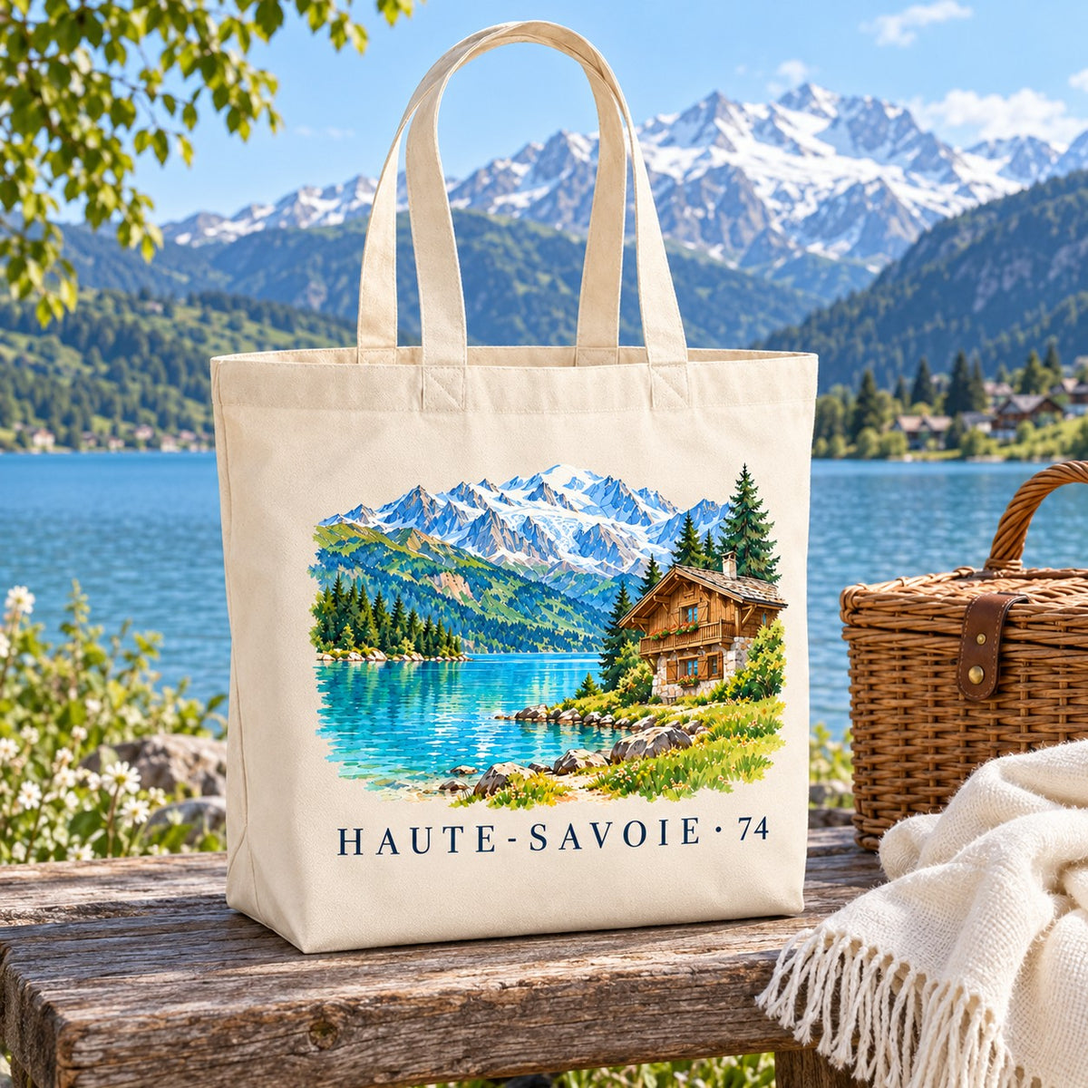 Tote bag Haute-Savoie (74) Premium posé sur une table face au lac et aux sommets, avec un panier et un plaid