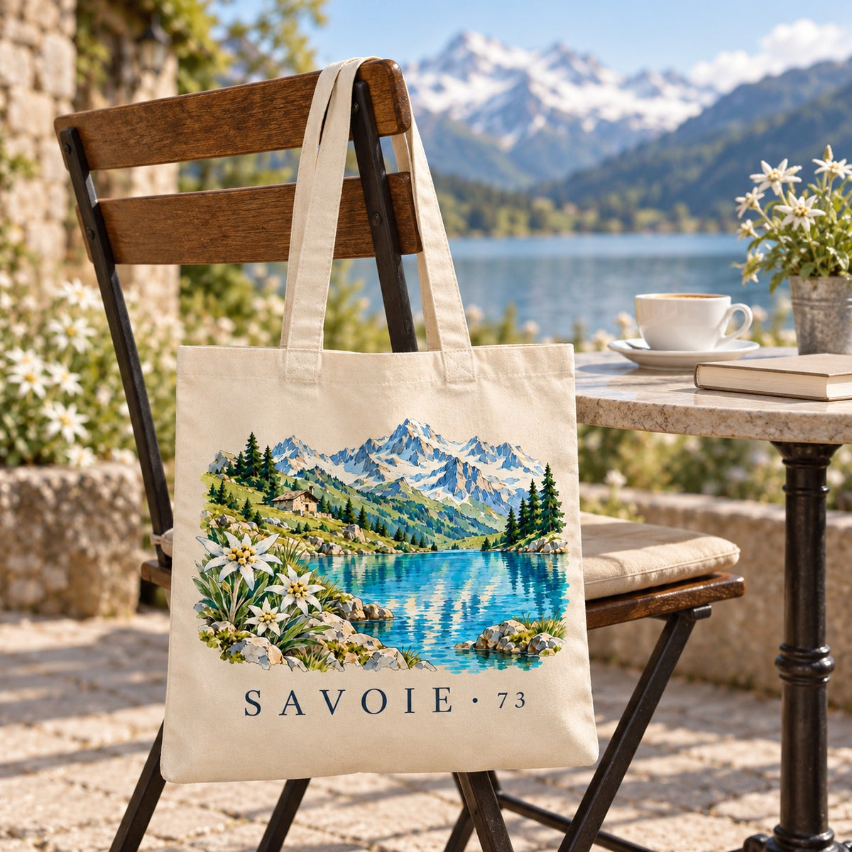 Tote bag Savoie (73) Essentiel suspendu à une chaise en terrasse face au lac et aux sommets, avec un café