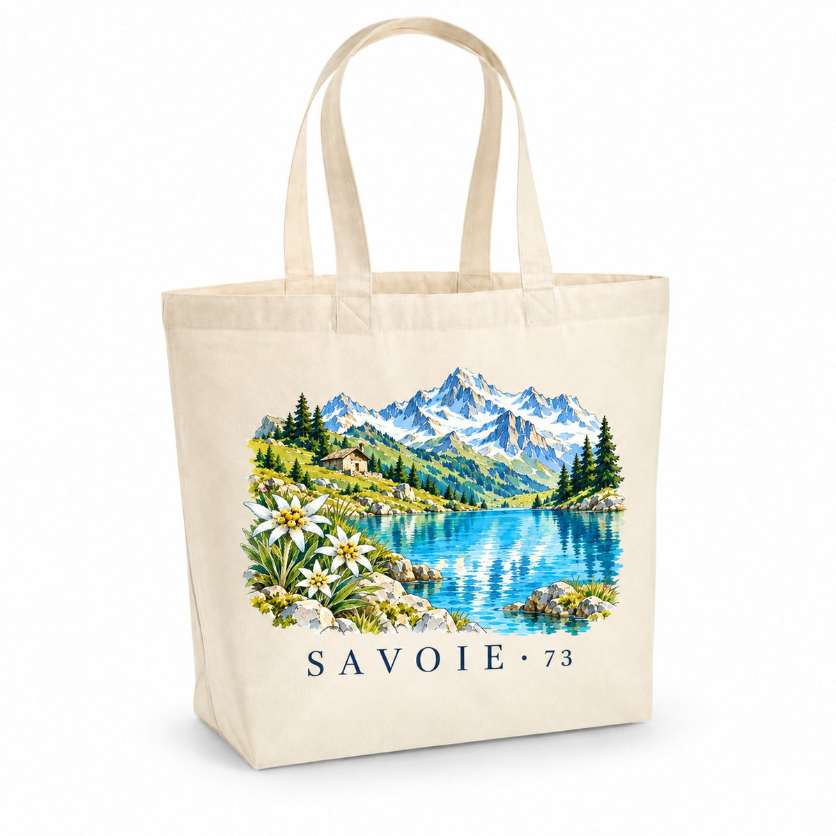 Tote bag Savoie (73) Premium, cabas à soufflet en coton naturel 200 g/m² de 18 litres, illustration aquarelle des sommets enneigés, d'un lac de montagne et des edelweiss