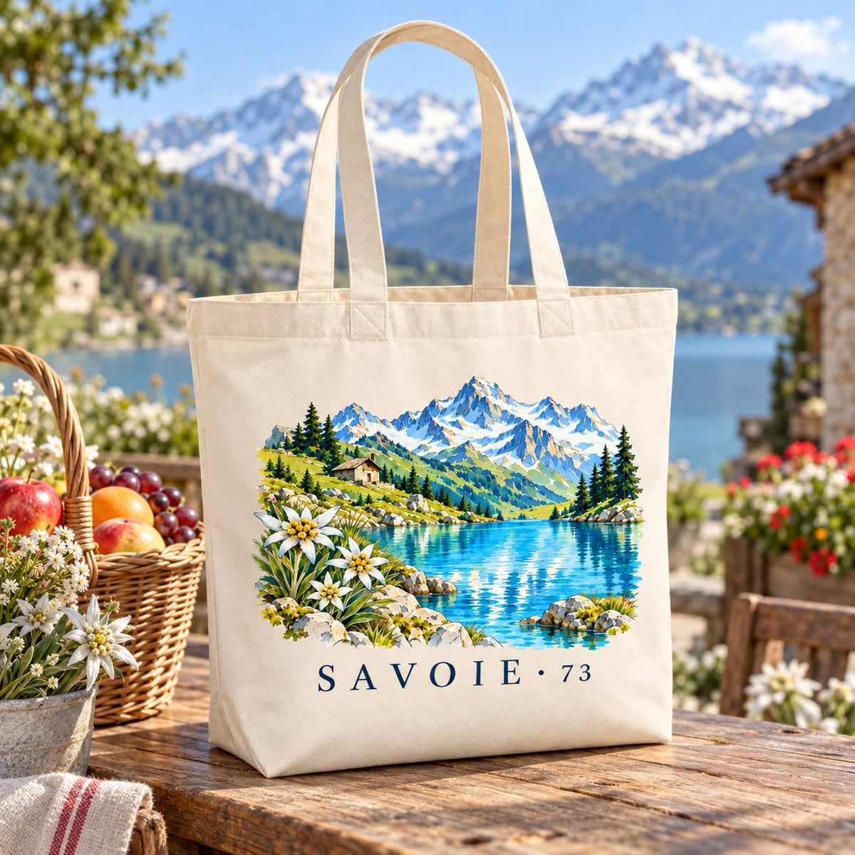 Tote bag Savoie (73) Premium posé sur un étal de marché avec des fruits et des fleurs, montagnes en arrière-plan