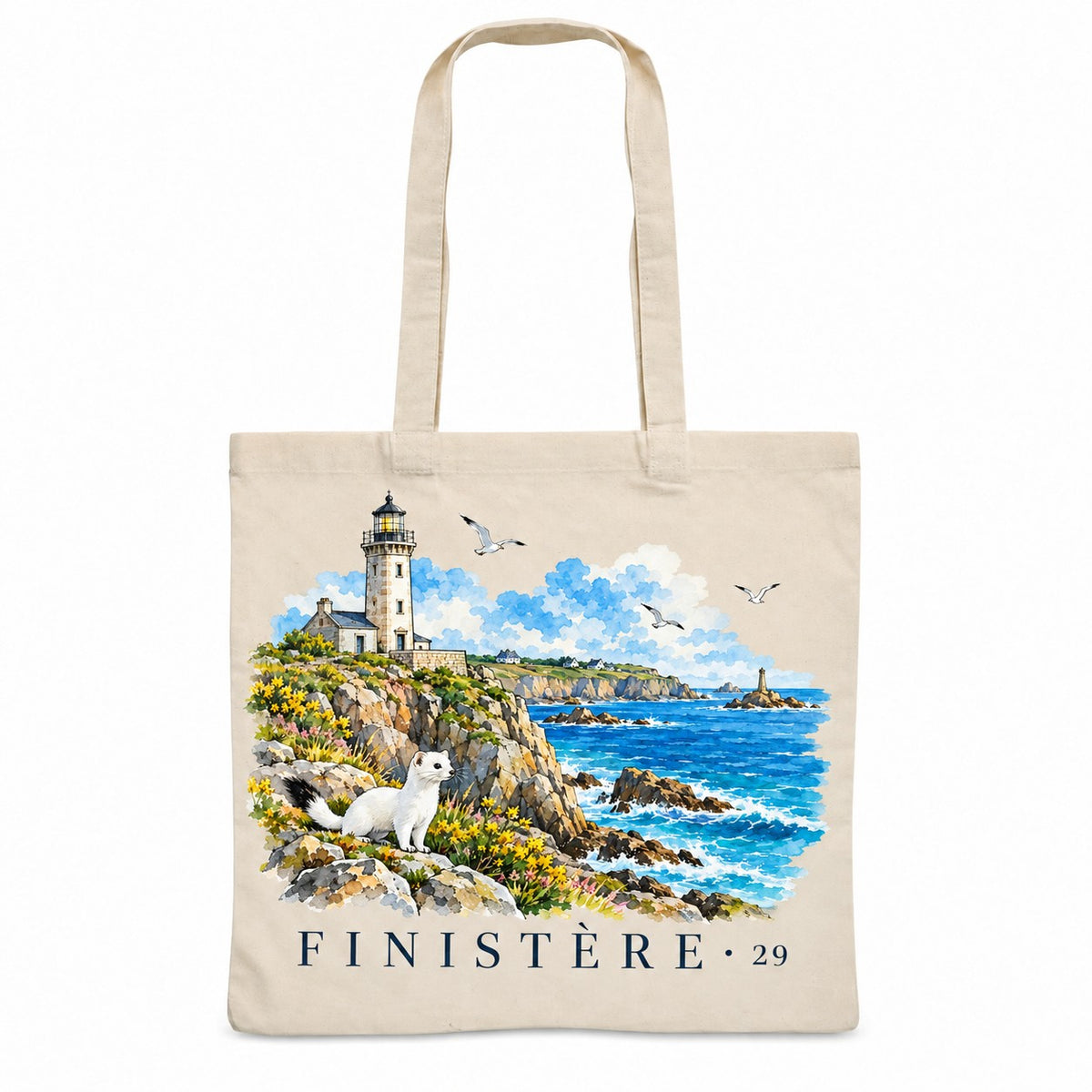 Tote bag Finistère (29) Essentiel, sac plat en coton naturel 140 g/m² de 38 × 42 cm, illustration aquarelle d'un phare, de la côte rocheuse et d'une hermine