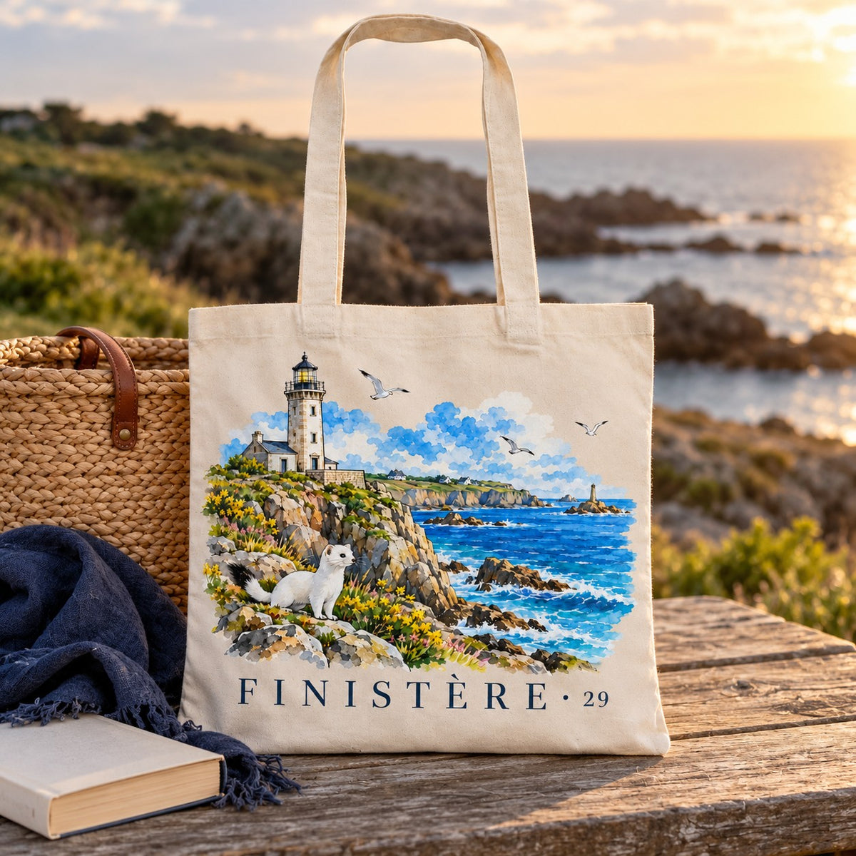 Tote bag Finistère (29) Essentiel posé sur une table de pique-nique face à la mer au coucher du soleil, avec un livre