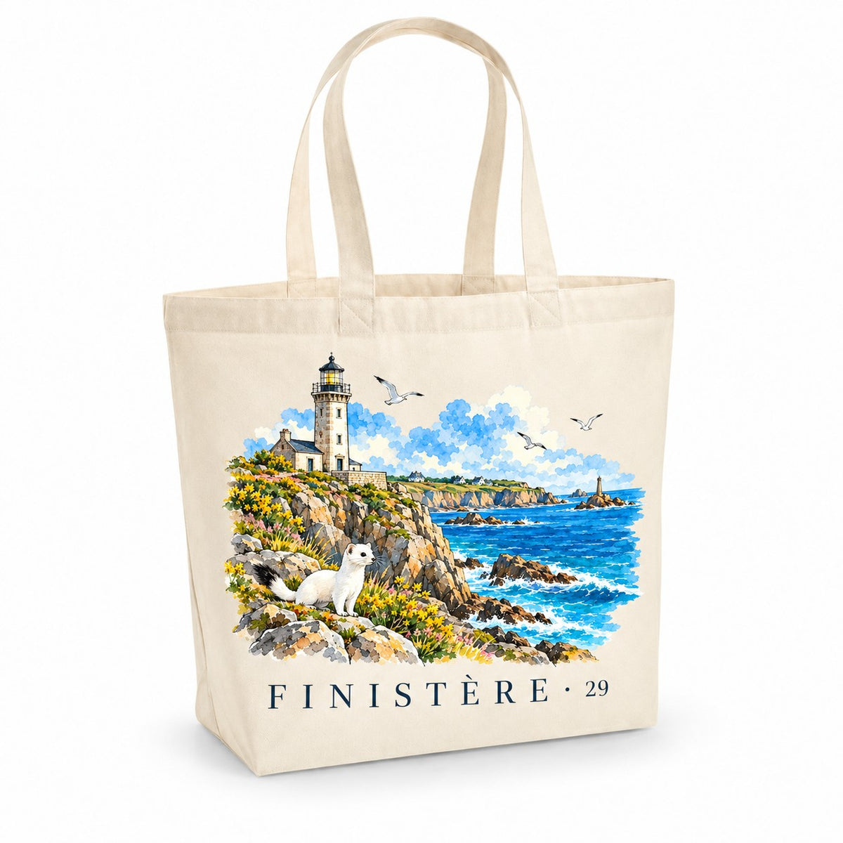 Tote bag Finistère (29) Premium, cabas à soufflet en coton naturel 200 g/m² de 18 litres, illustration aquarelle d'un phare, de la côte rocheuse et d'une hermine