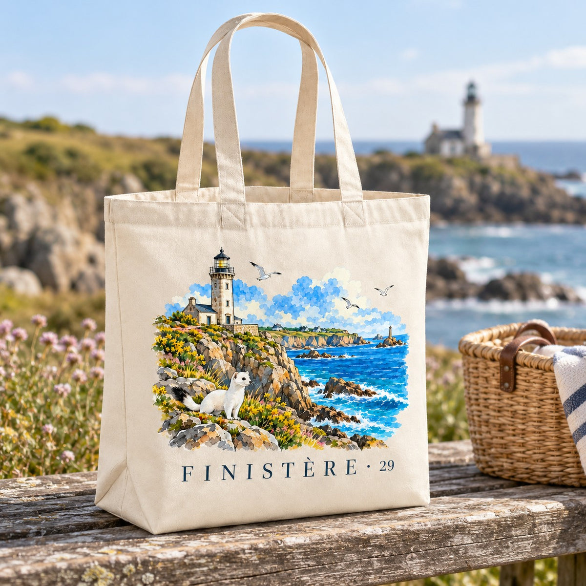 Tote bag Finistère (29) Premium posé sur une table face à la côte, avec un panier