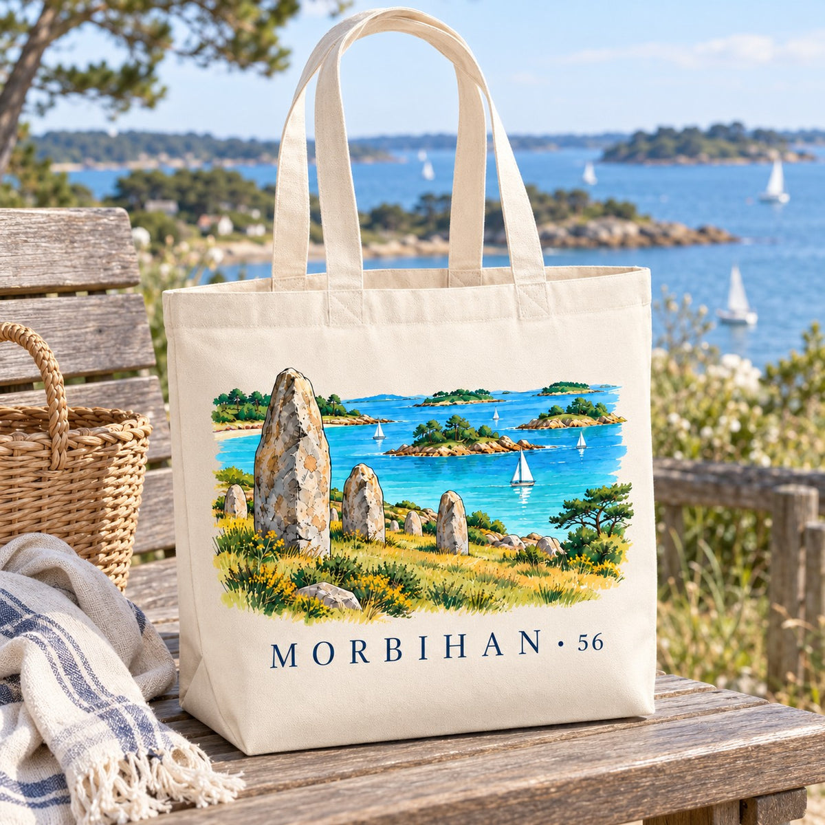 Tote bag Morbihan (56) Premium posé sur un banc face au golfe, avec un panier et un plaid