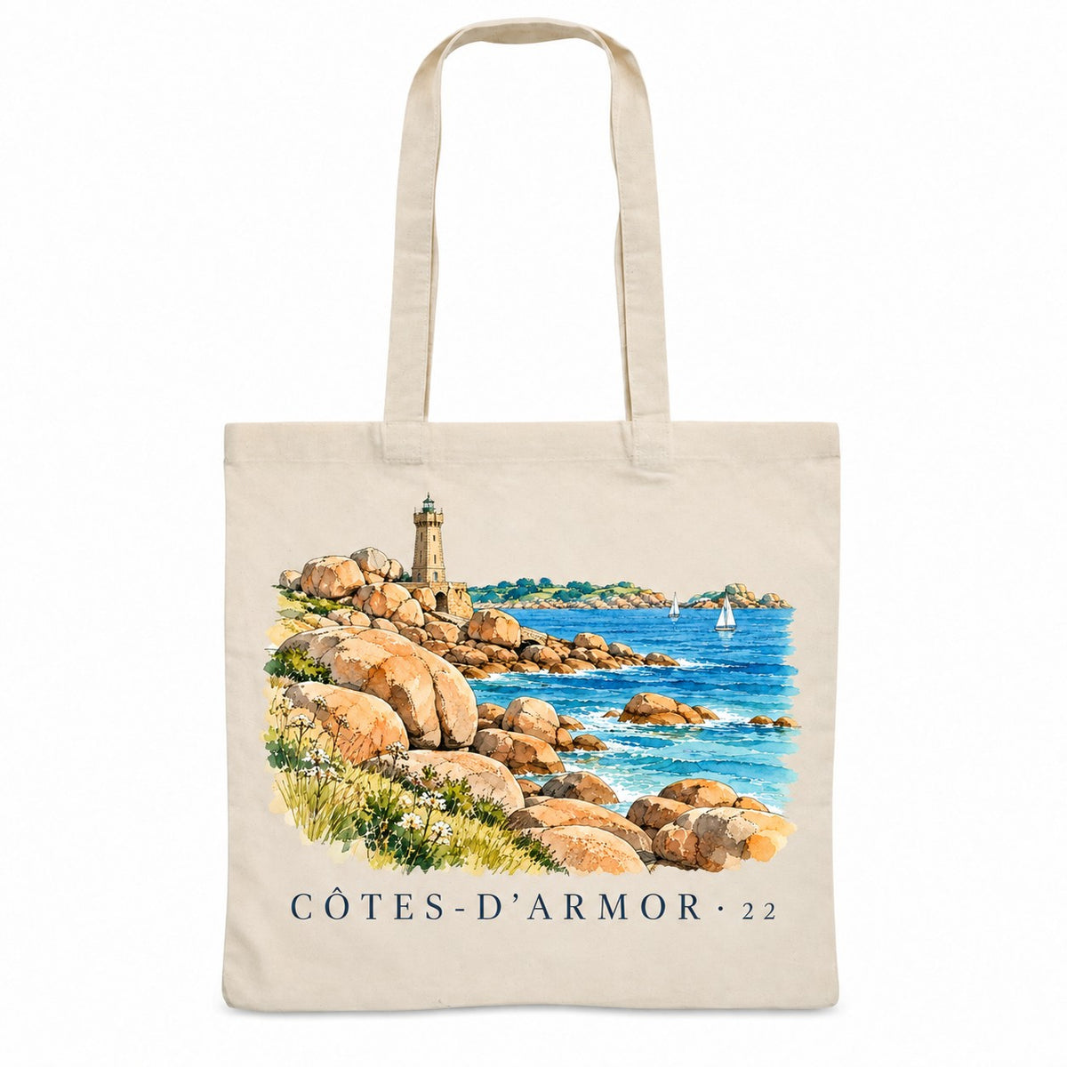 Tote bag Côtes-d'Armor (22) Essentiel, sac plat en coton naturel 140 g/m² de 38 × 42 cm, illustration aquarelle des rochers de granit rose, d'un phare et de la mer