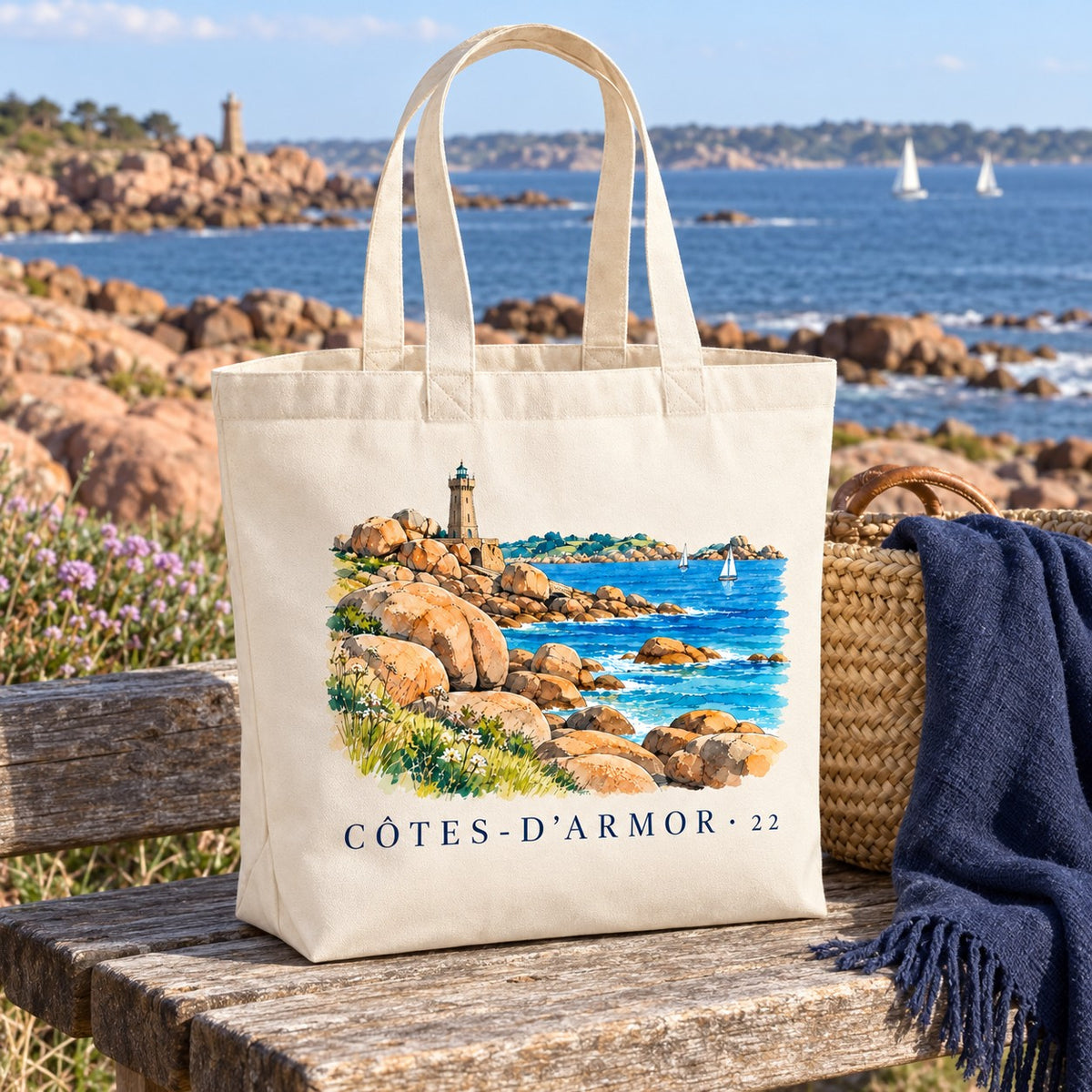 Tote bag Côtes-d'Armor (22) Premium posé sur un banc face à la mer et aux rochers, avec un panier et un plaid