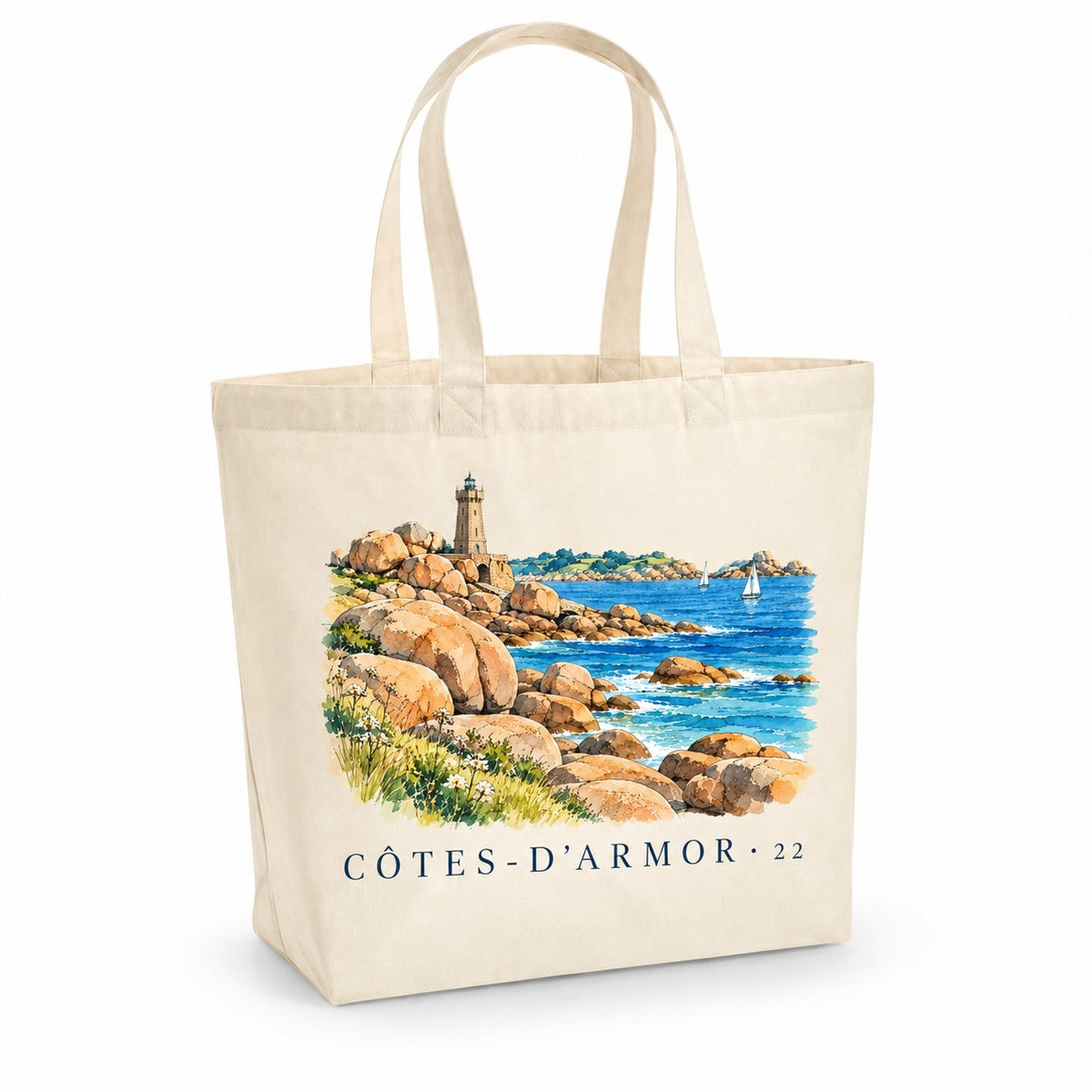 Tote bag Côtes-d'Armor (22) Premium, cabas à soufflet en coton naturel 200 g/m² de 18 litres, illustration aquarelle des rochers de granit rose, d'un phare et de la mer
