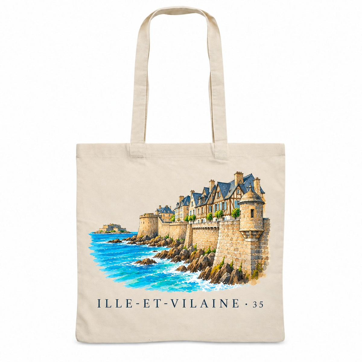Tote bag Ille-et-Vilaine (35) Essentiel, sac plat en coton naturel 140 g/m² de 38 × 42 cm, illustration aquarelle des remparts de granit au bord de la mer et des maisons de la vieille ville